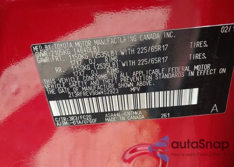 2016 Toyota Rav4 Xle z USA, uszkodzony, nr VIN 2T3RFREV9GW452923